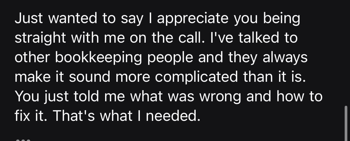Client message appreciating straight talk on the call instead of complexity