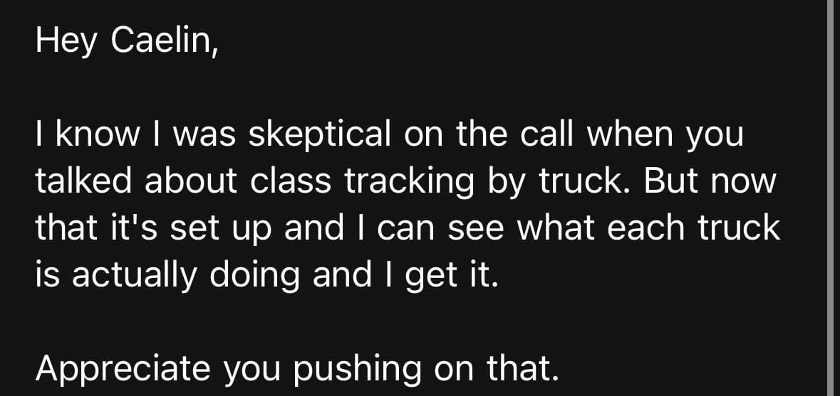 Client message about class tracking by truck finally making sense
