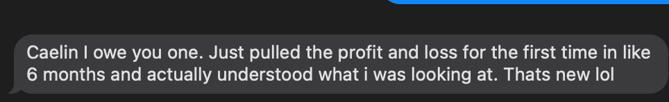 Client message saying they feel less stressed about money just from knowing what is happening now